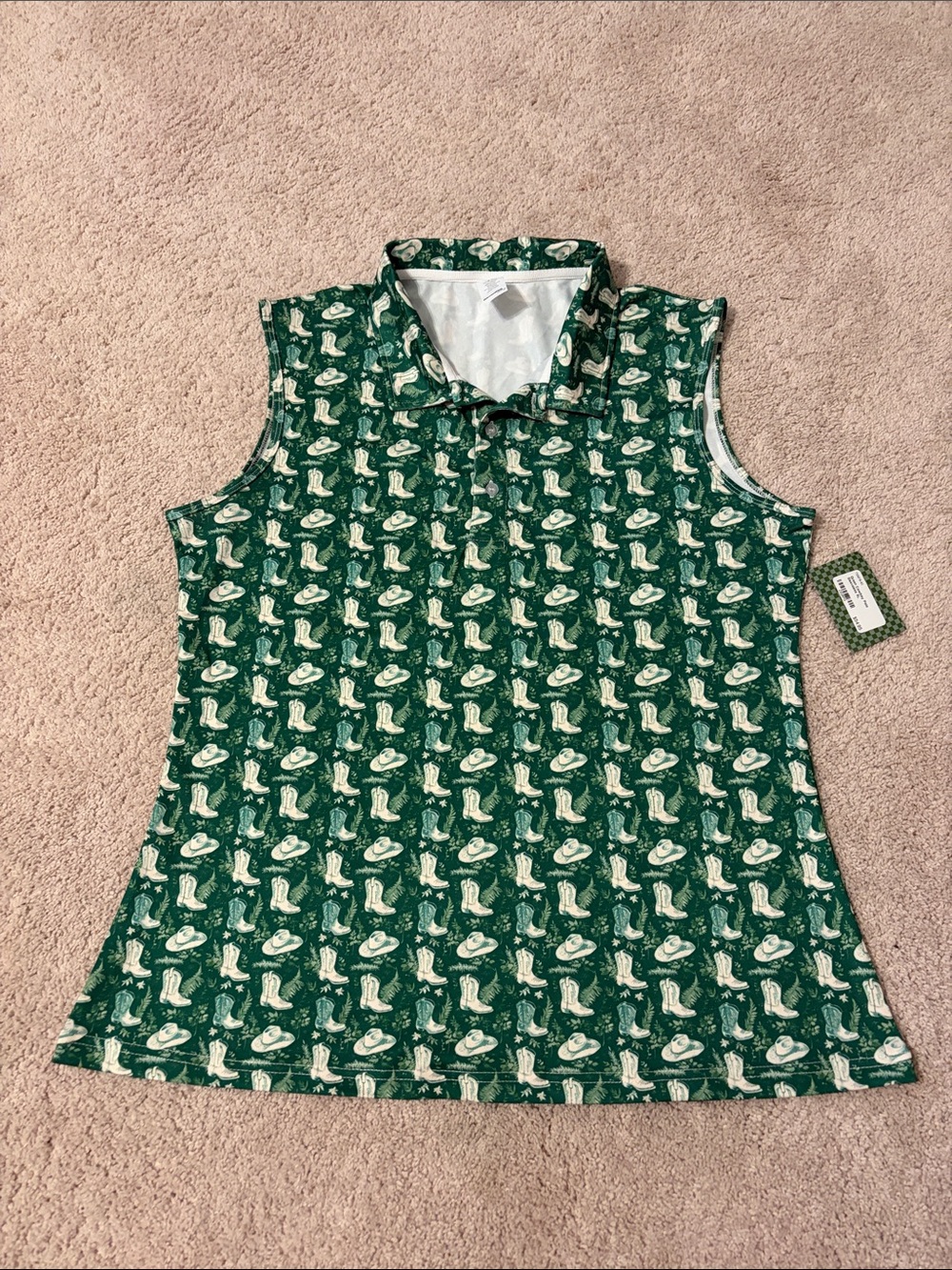 Women’s green cowgirl hat and boots sleeveless polo